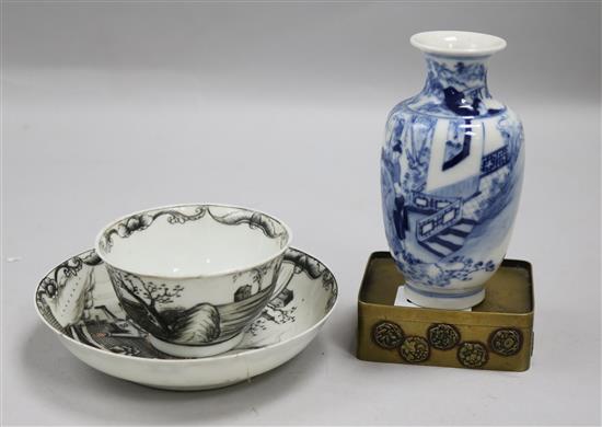 A Chinese tea bowl and saucer, a miniature blue and white vase and a brass box